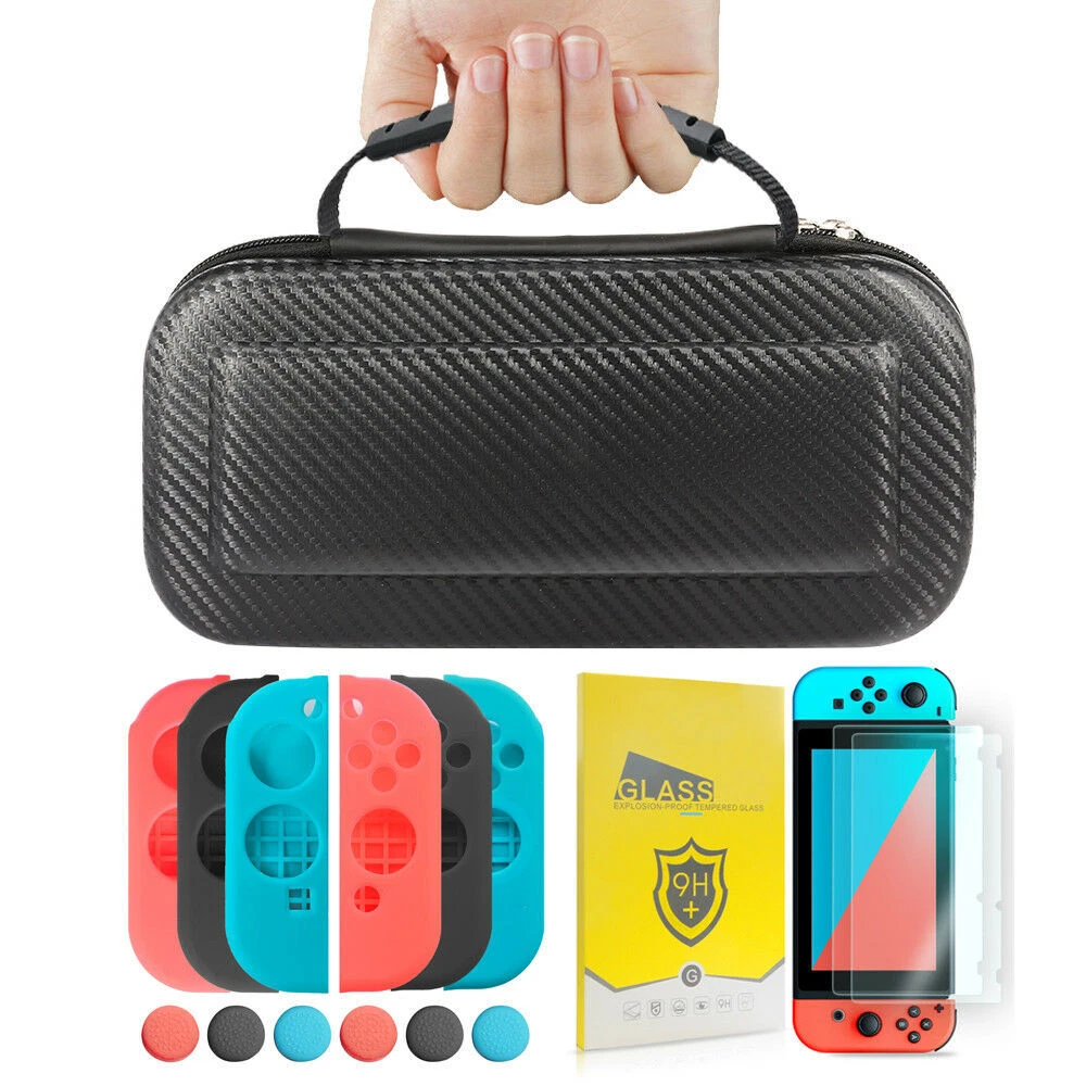 Nintendo Switch Black Carrying Case+2pc Tempered Glass+3 Color Set Joy-Con Case